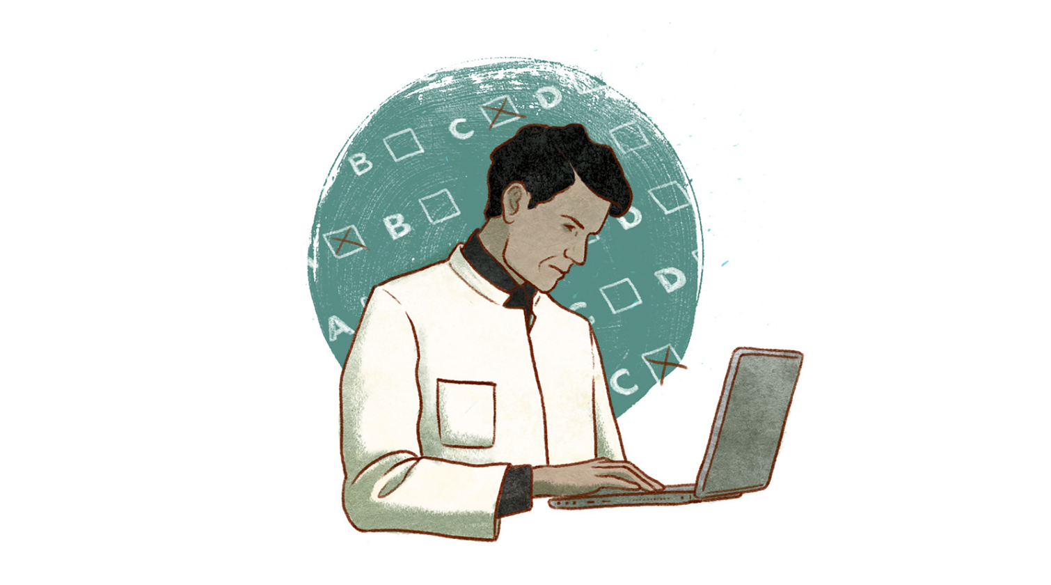 Illustratie (kleur) arts achter laptop die toets maakt