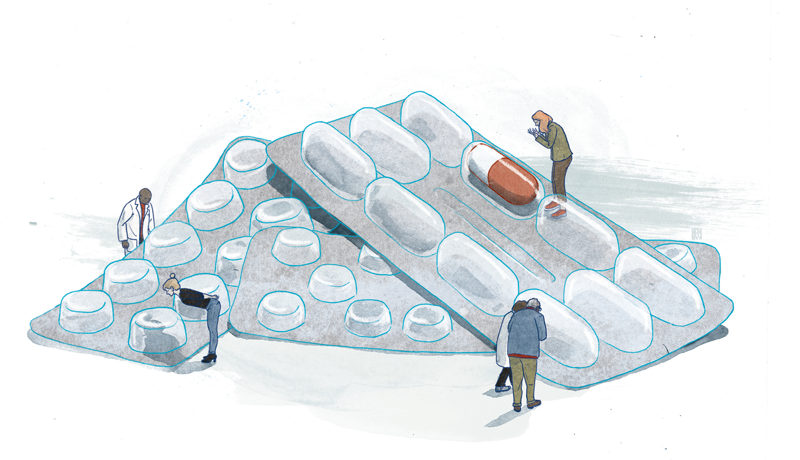 Illustratie (kleur) medicijnenstrip met patiënten en doktoren