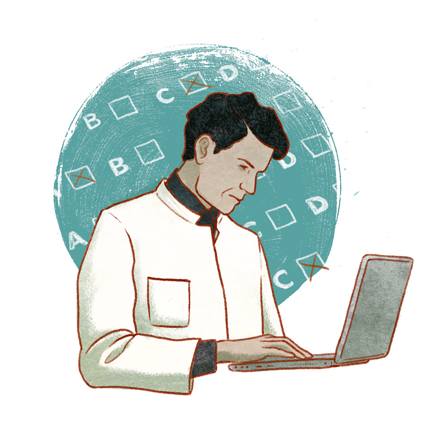 Illustratie (kleur) arts i.o. maakt toets op laptop